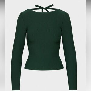 Babaton Scarab Green Sculpt Knit Scouted Ribbed Open Back Longsleeve Blouse NWT